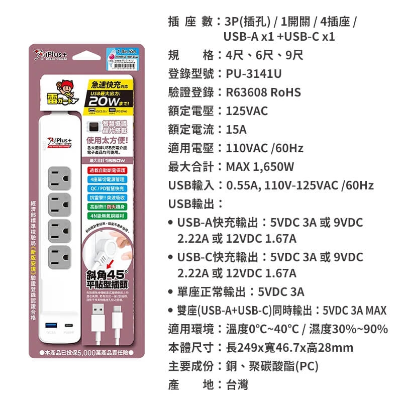 保護傘快易充20W智慧快充組（PU-3141U）